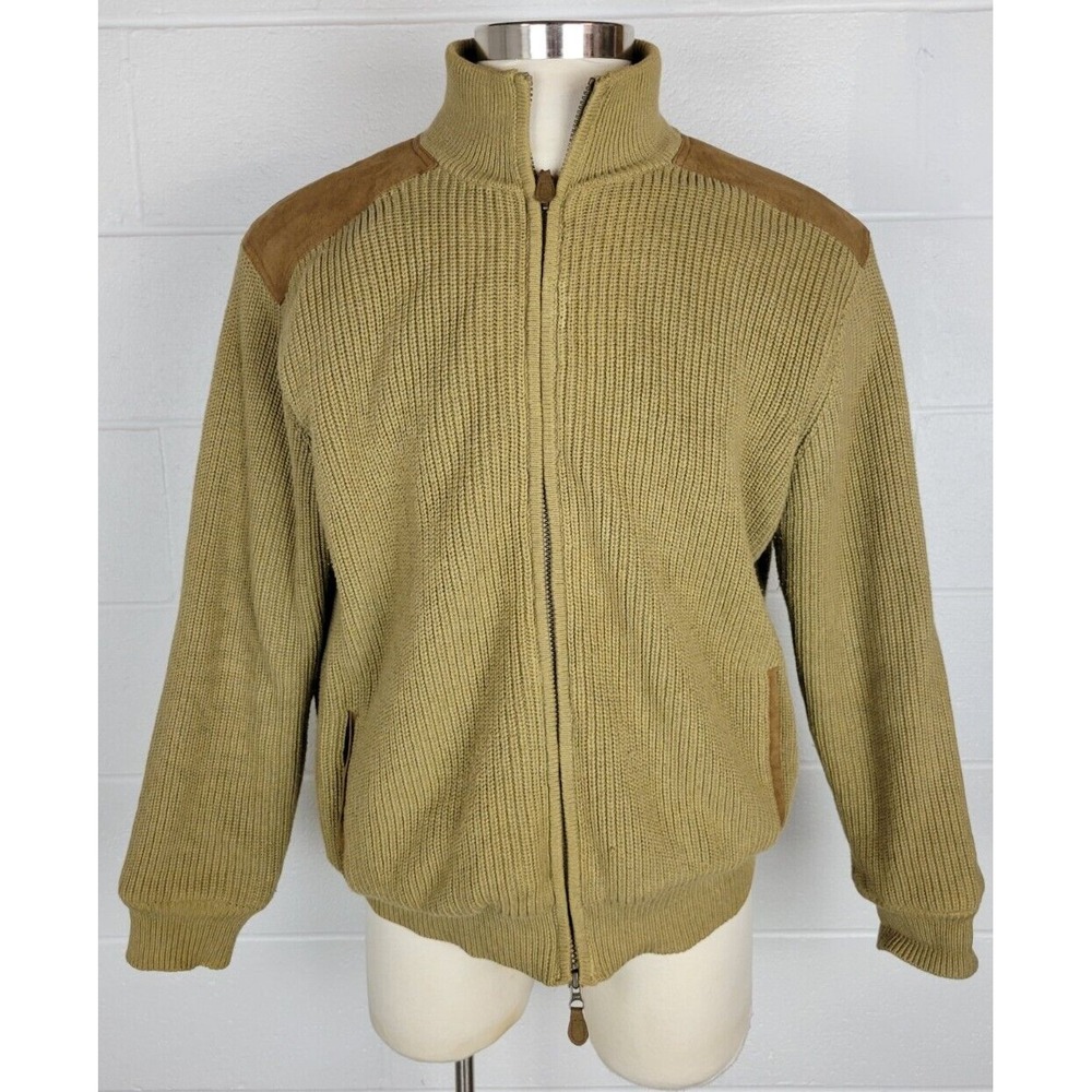 Orvis Mens‎ Zip Front Lined Cotton Sweater Jacket Brown Leather Shoulders L